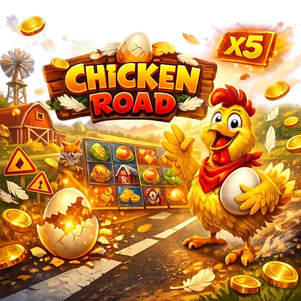 Promotional image showcasing Chicken Road slot theme with funny chickens, road lanes, and coins.